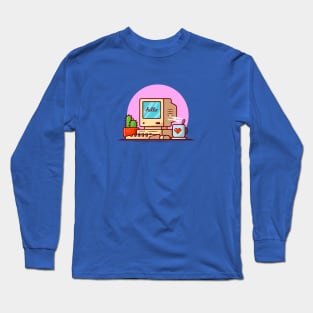 Old Computer Desktop with Coffee and Cactus Cartoon Vector Icon Illustration Long Sleeve T-Shirt